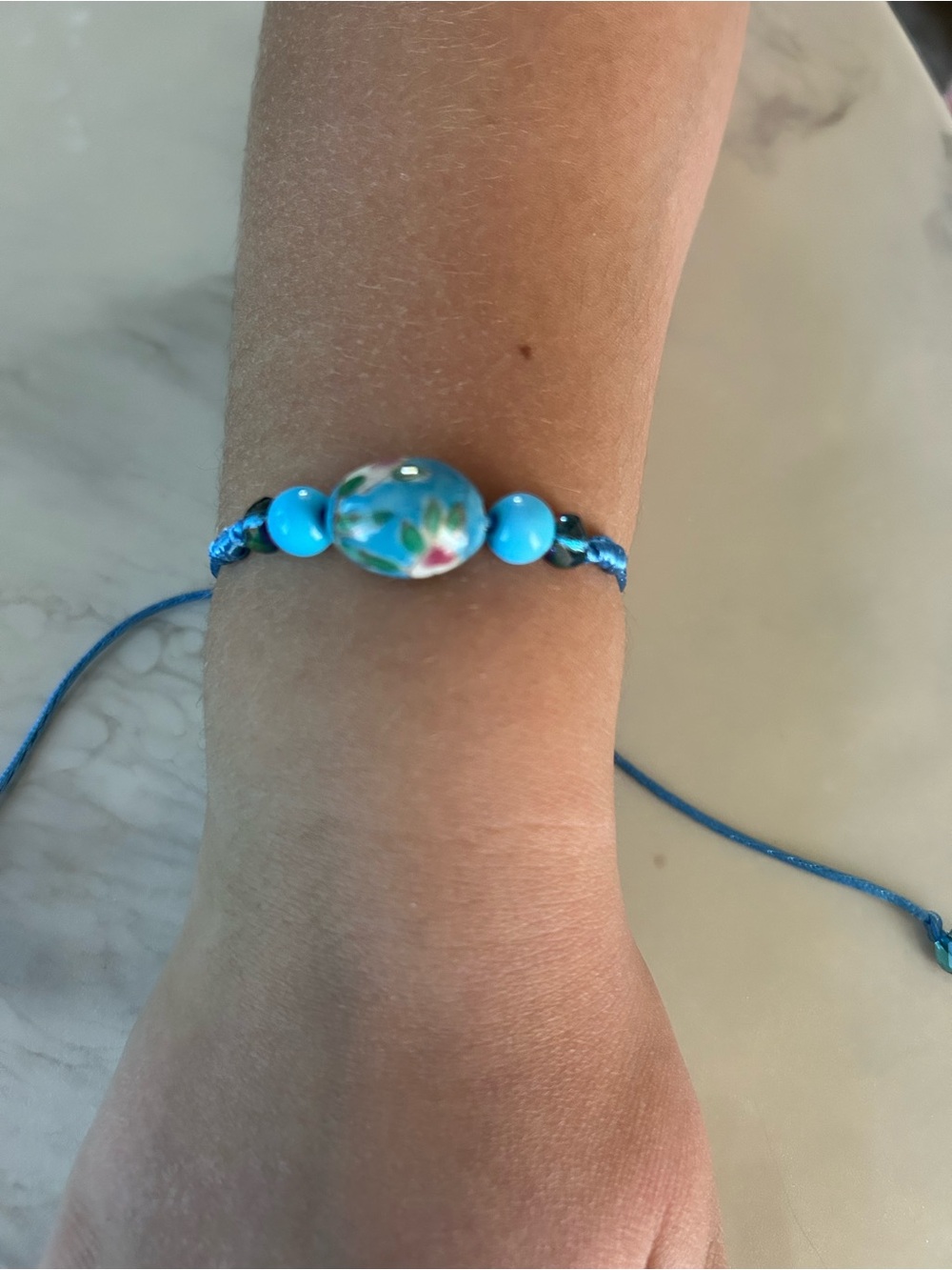 Blue Floral Ceramic Bead Bracelet - Adjustable Women's Jewelry